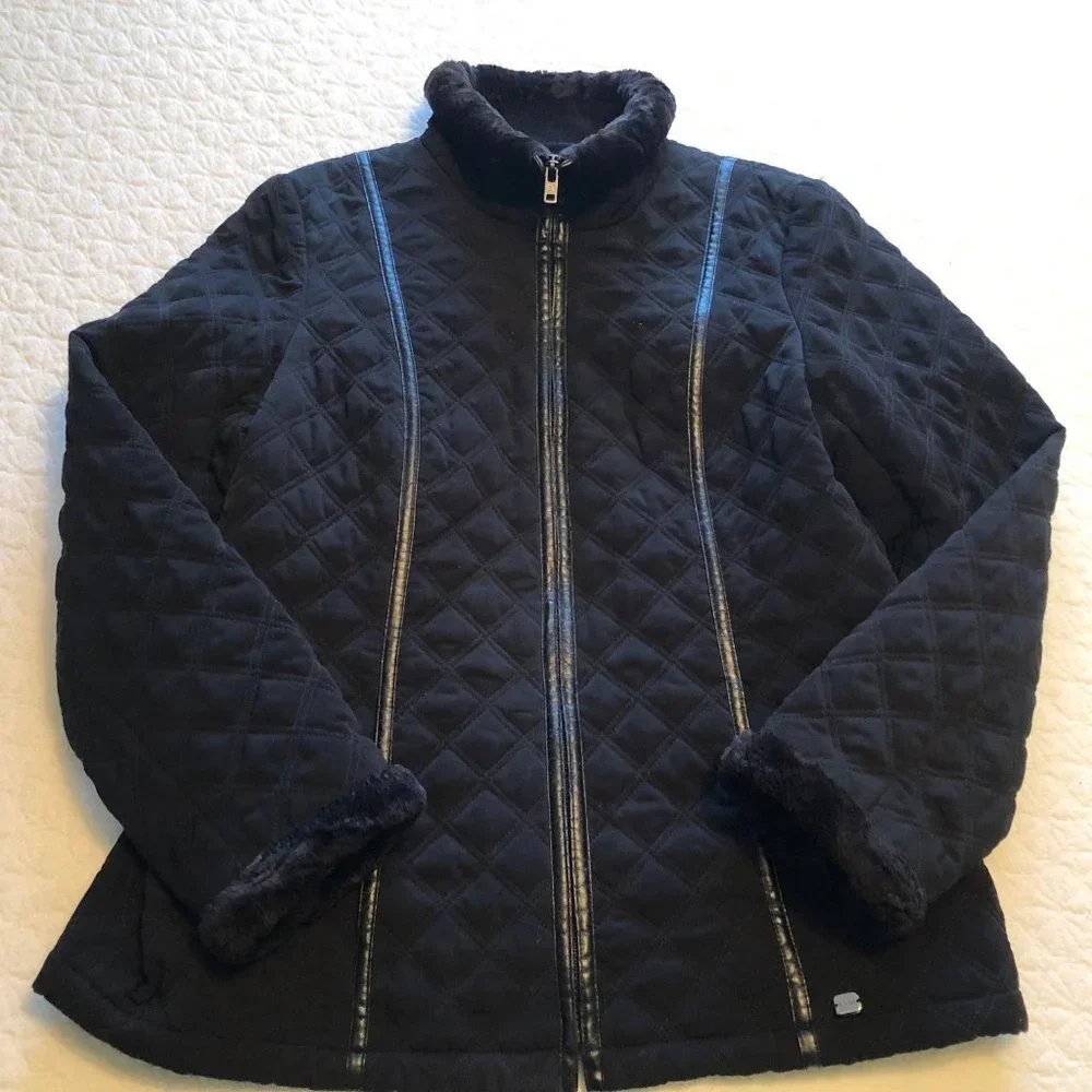 ESPRIT Outerwear Quilted Coat Lined Full Zip Jacket Faux Fur Collar Black Large - Picture 1 of 8